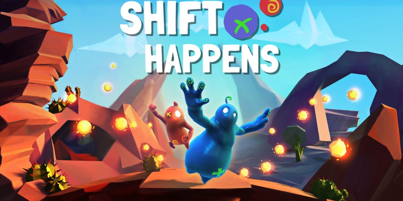 Shift Happens key art featuring the two player characters leaping through a level.