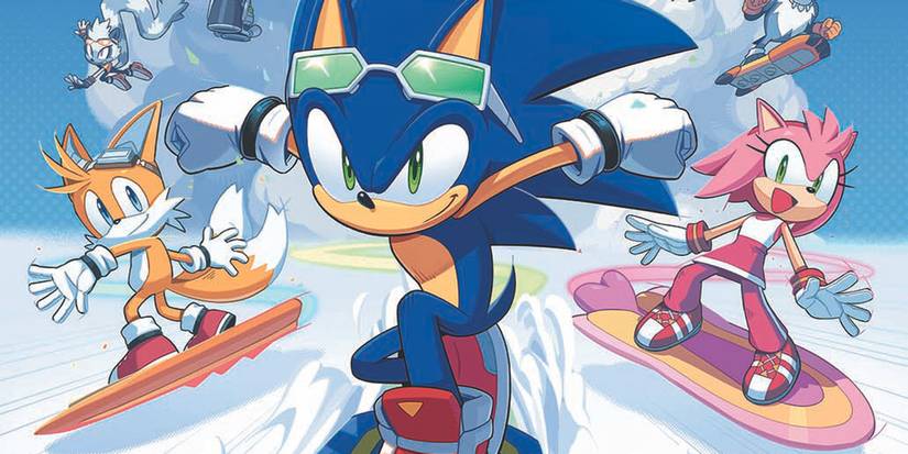 Sonic and his friend snowboarding.