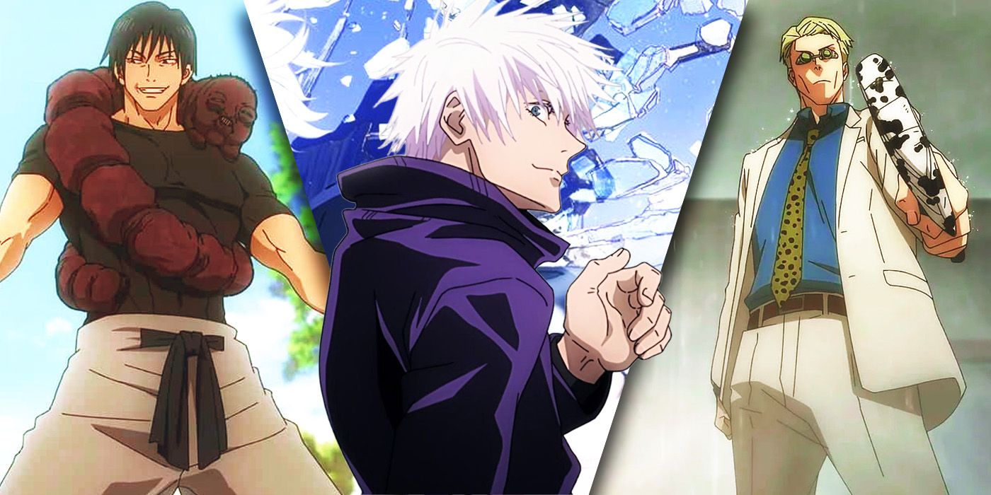 A custom split image consists images of Jujutsu Kaisen's Toji Fushiguro smirking, Gojo Satoru smiling, and Nanami Kento looking serious.