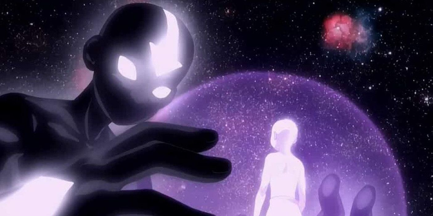Avatar Aang enfrenta seu eu espiritual gigante no cosmos.