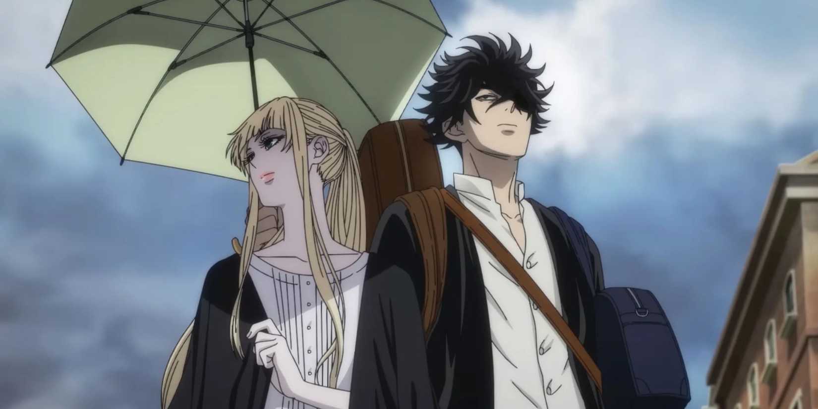 Phanora and Johan standing together under an umbrella in The Witch and the Beast.