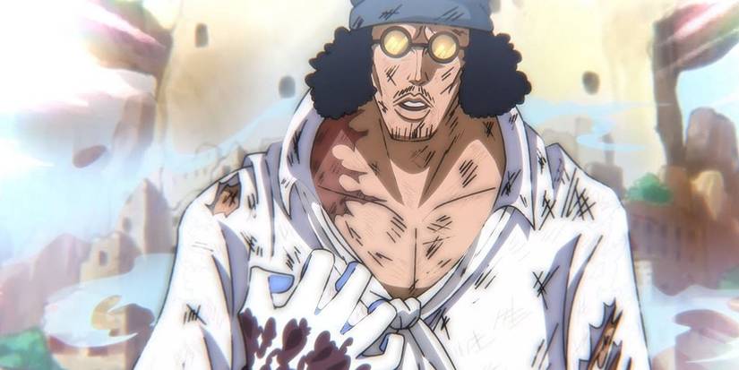Aokiji parle alors que sa main est blanche de glace dans One Piece