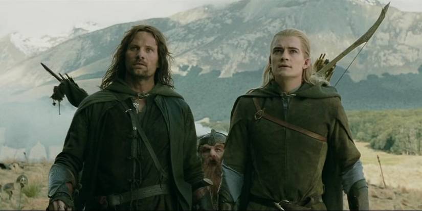 Aragorn and Legolas in front of Gimli stare awed at Fangorn Forest in The Two Towers.