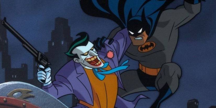 Joker and Batman fight in Batman: The Animated Series.