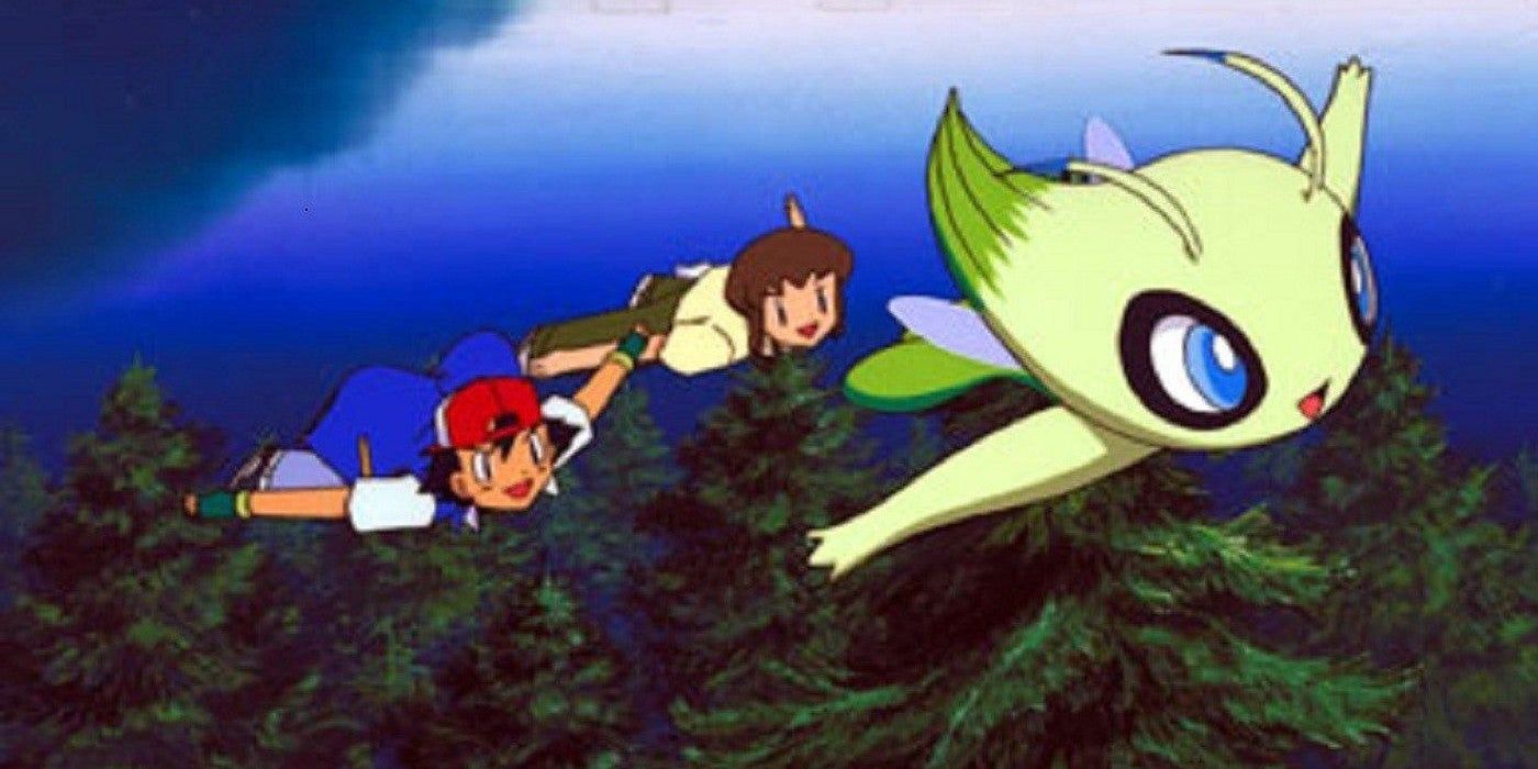 Celebi, Ash e Sammy voando pelo céu em Pokémon 4Ever