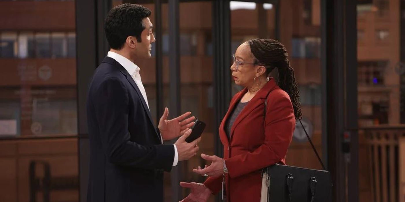 Dominic Rains as Crockett Marcel argues with S. Epatha Merkerson as Sharon Goodwin on Chicago Med