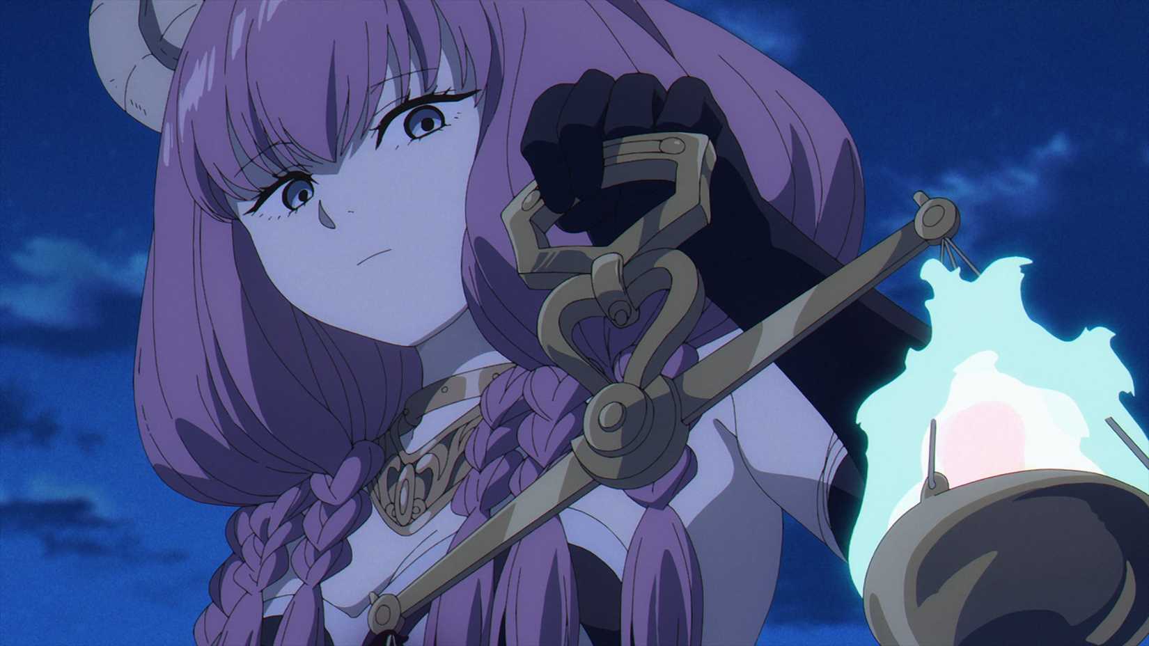 Aura looking surprised at her scales in Frieren: Beyond Journey's End.