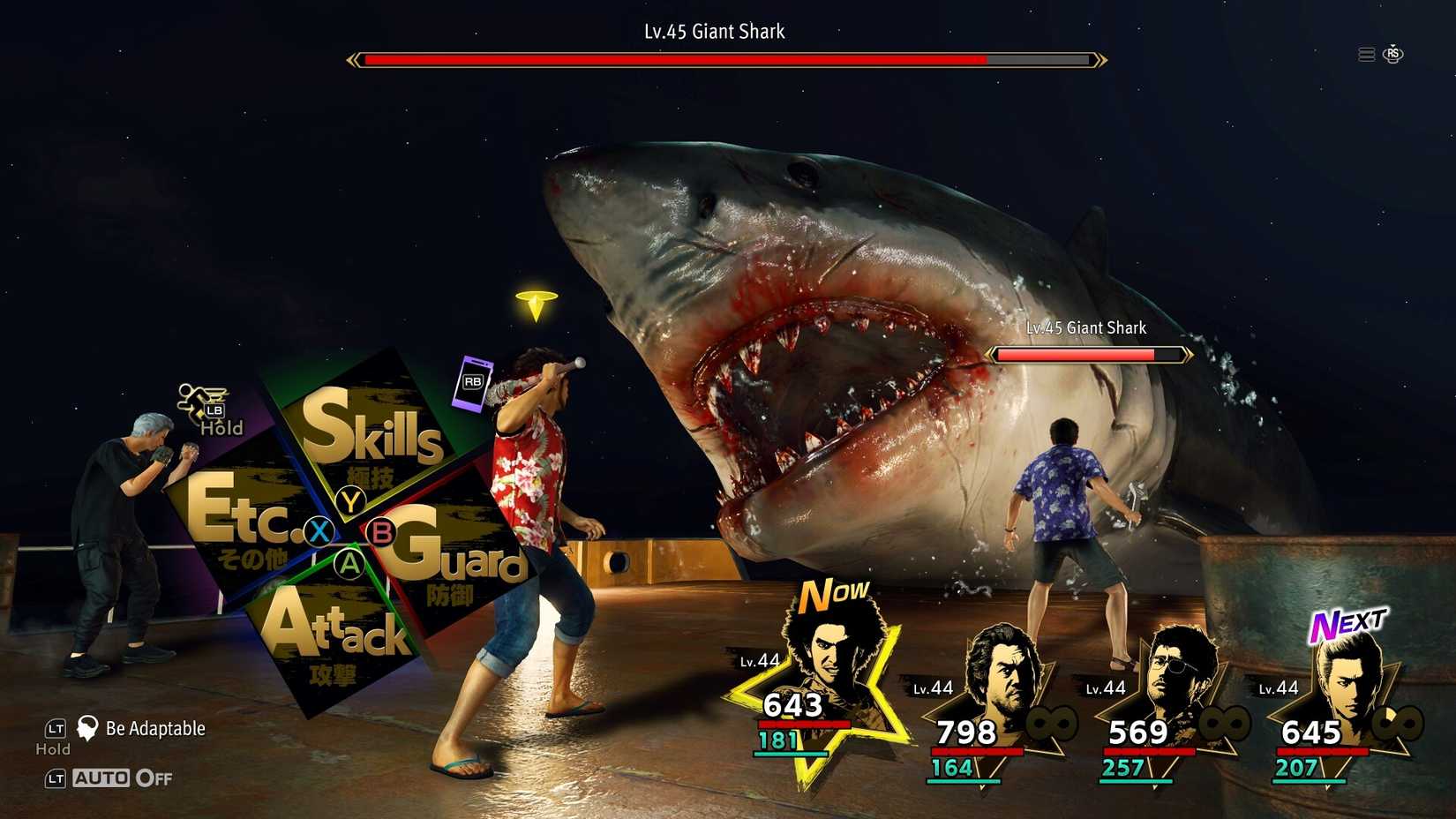 Like A Dragon Infinite Wealth showing Ichiban, Eric, Adachi, and Joongi Han fighting a giant shark.