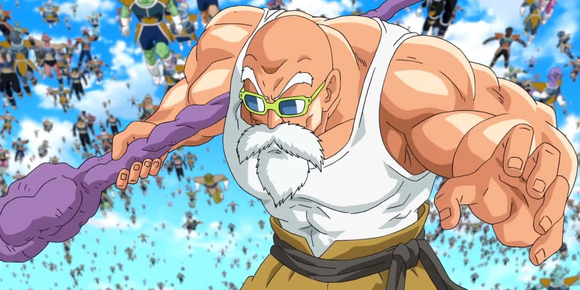 Mestre Roshi luta contra o Novo Exército Frieza em sua forma Max Power em Dragon Ball Super.