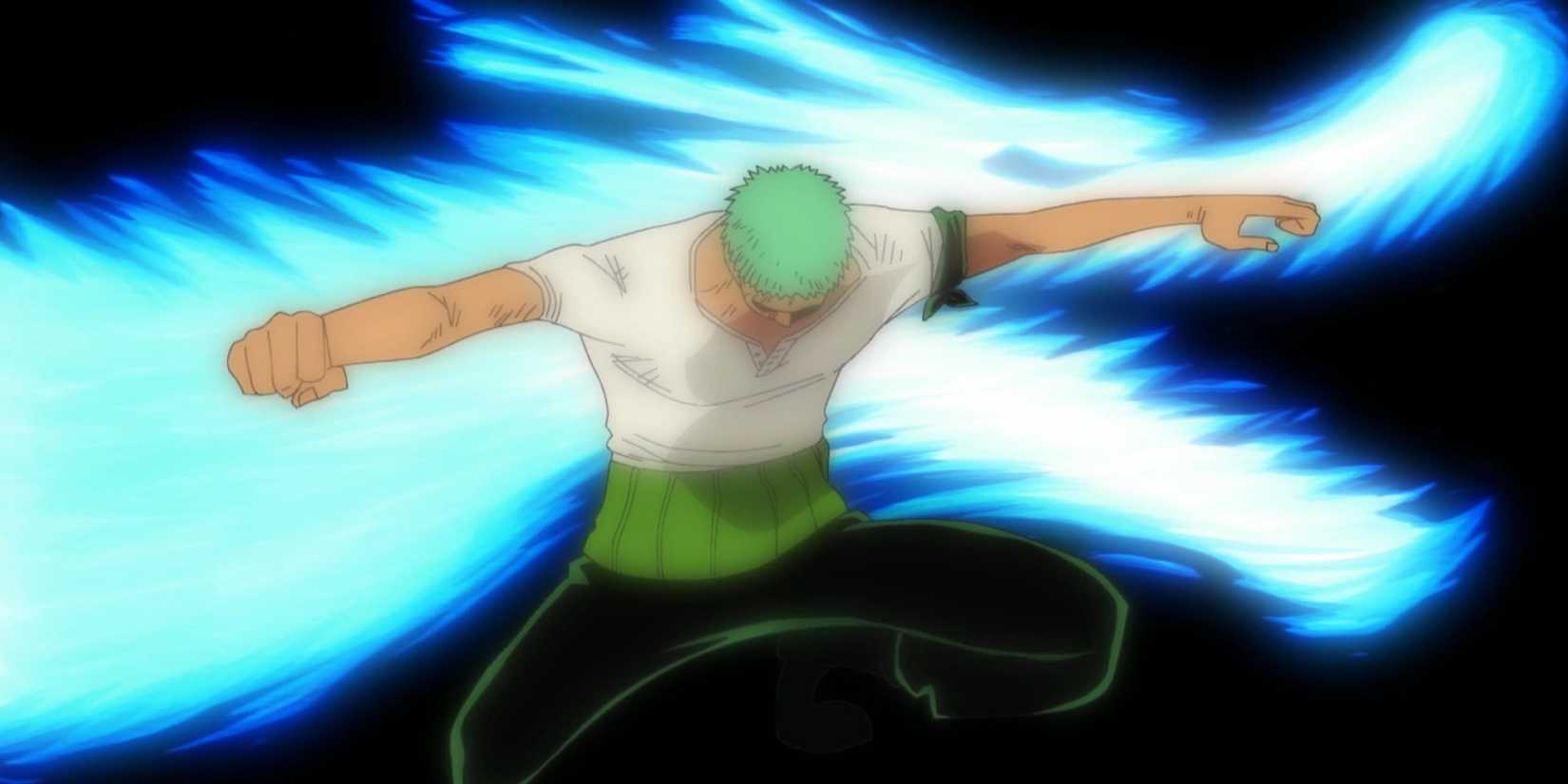 One Piece's Roronoa Zoro is using Dragon Twister with his No Sword Style.