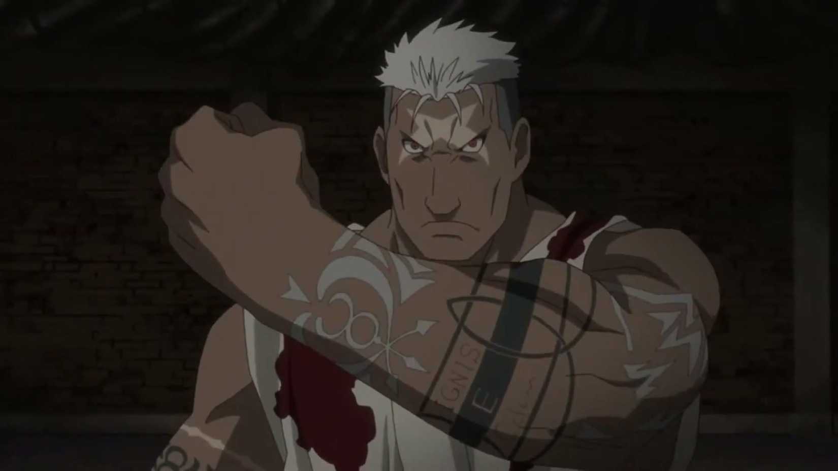 Scar from Full Metal Alchemist Brotherhood with his fist up and blood on his chest ready to fight