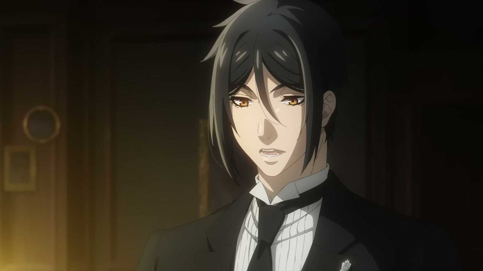 Sebastian speaking calmly in the Black Butler anime series.