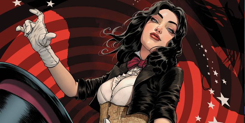 Zatanna's Bring Down the House Banner depicts her looking smug with her hand in a unique pose while standing in front of a red and darker red swirl background.