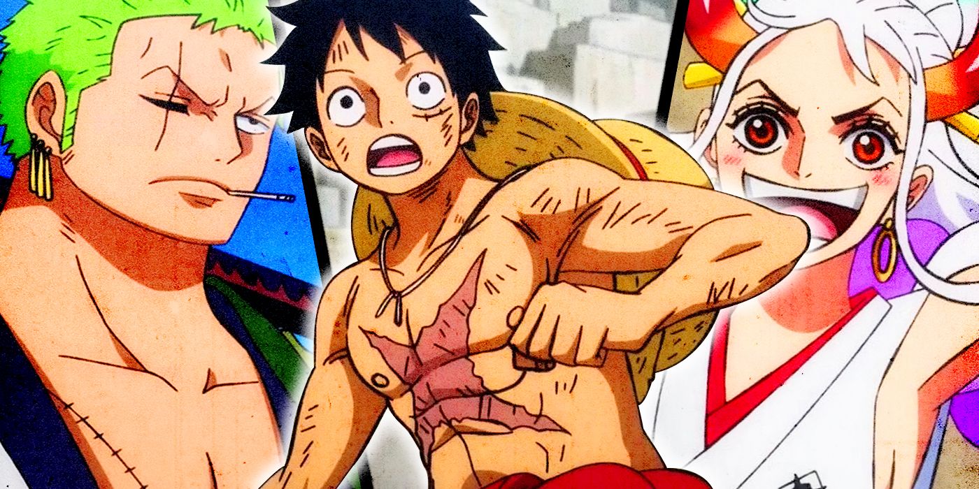 Images of One Piece's Roronoa Zoro looking serious, Monkey D. Luffy looking surprised and Yamato looking happy are spliced together.