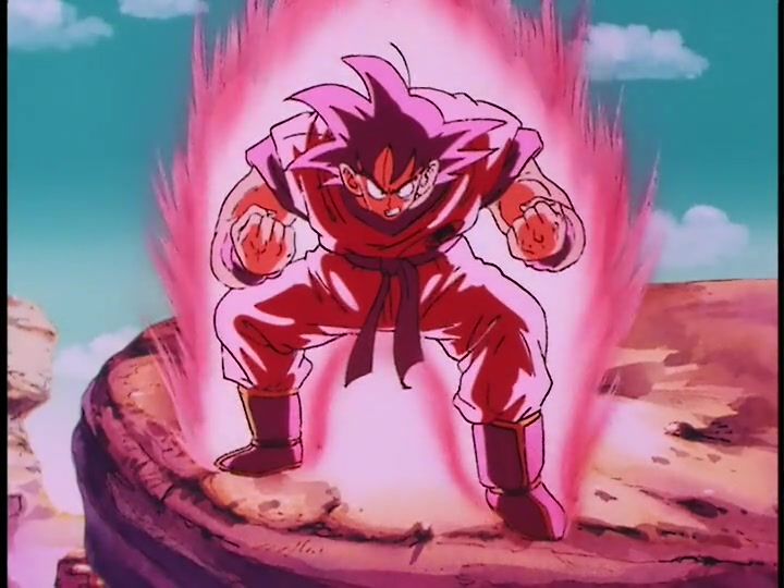 Goku using his Kaio-ken technique in Dragon Ball Z's Saiyan Saga