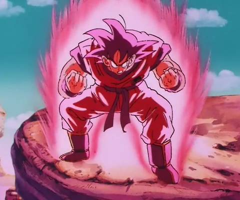 Goku using his Kaio-ken technique in Dragon Ball Z's Saiyan Saga