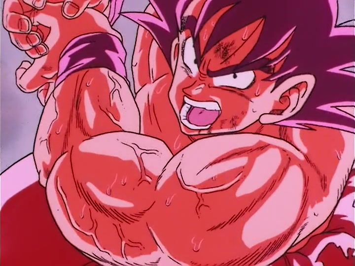 Goku using his Kaio-ken technique in Dragon Ball Z's Saiyan Saga