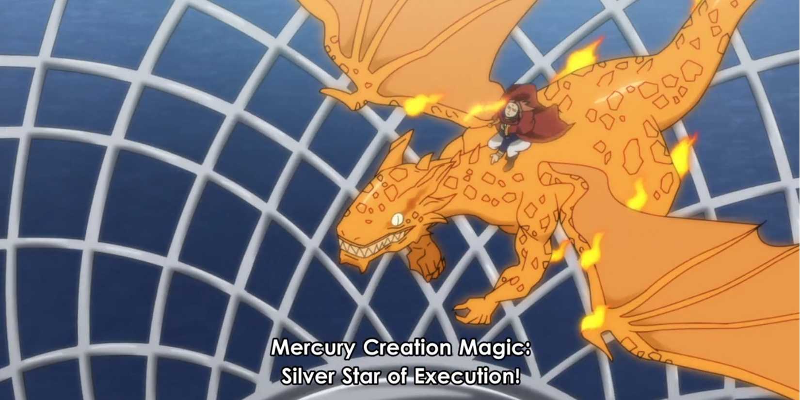 Fuegoleon Vermillion from Black Clover sitting on a flaming dragon while encased in a cage of mercury