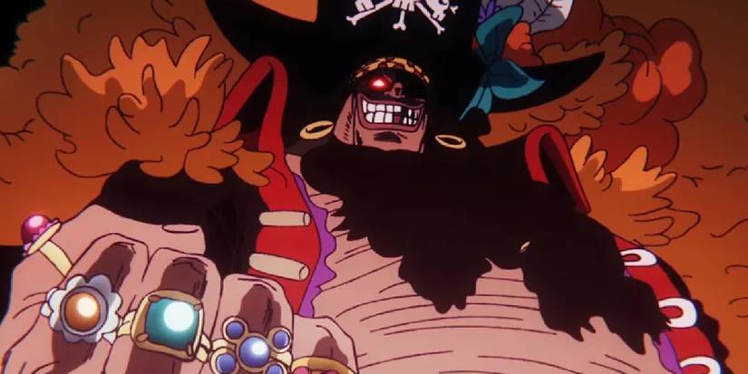 Blackbeard clenches his fist while facing Law and the Heart Pirates in One Piece's Egghead Arc.