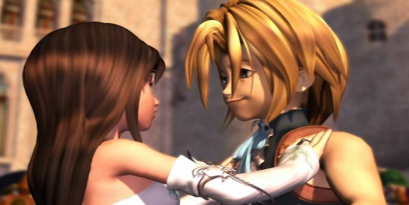 Garnet places her hands on Zidane's shoulders in Final Fantasy IX.