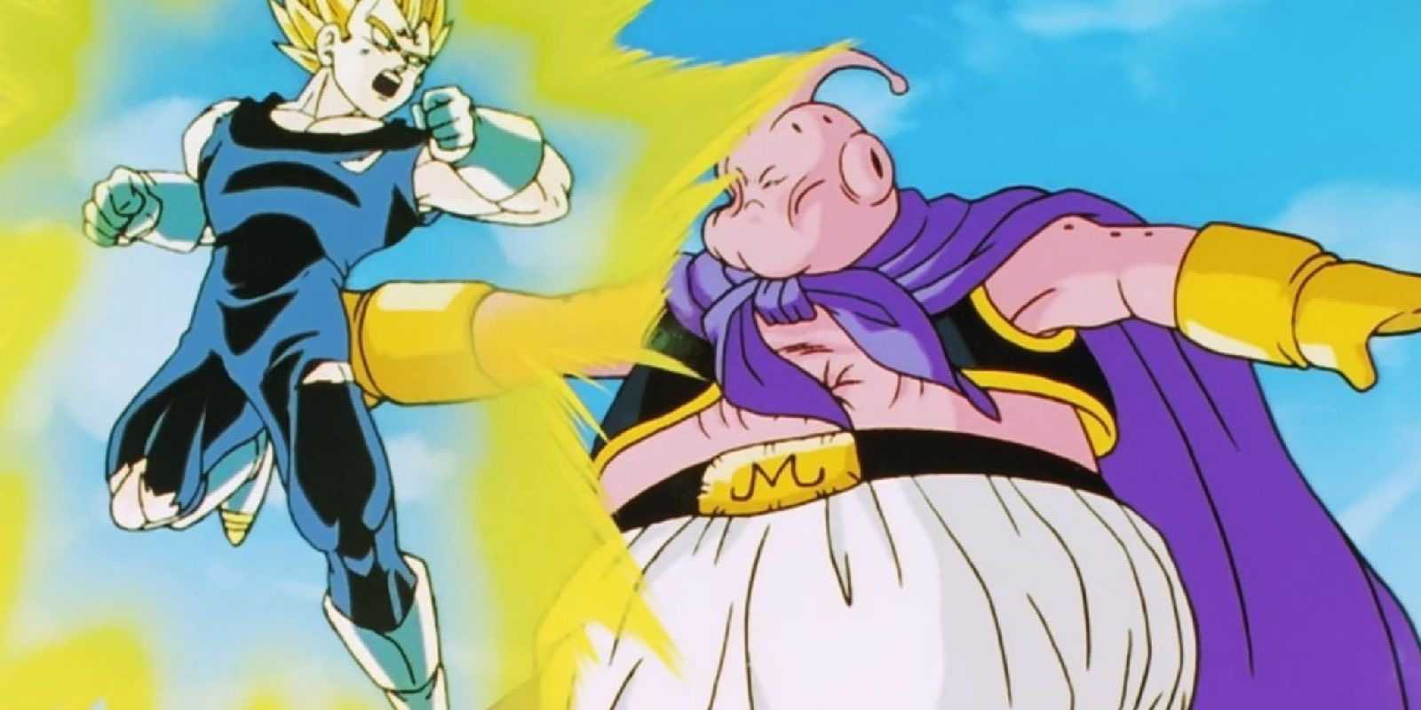 Majin Vegeta dodges a punch from Buu in Dragon Ball Z.