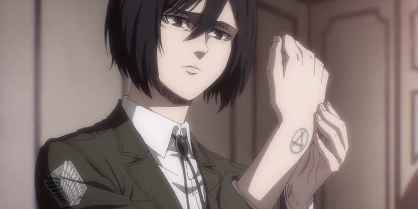Mikasa shows her Azumabito tattoo in Attack on Titan.