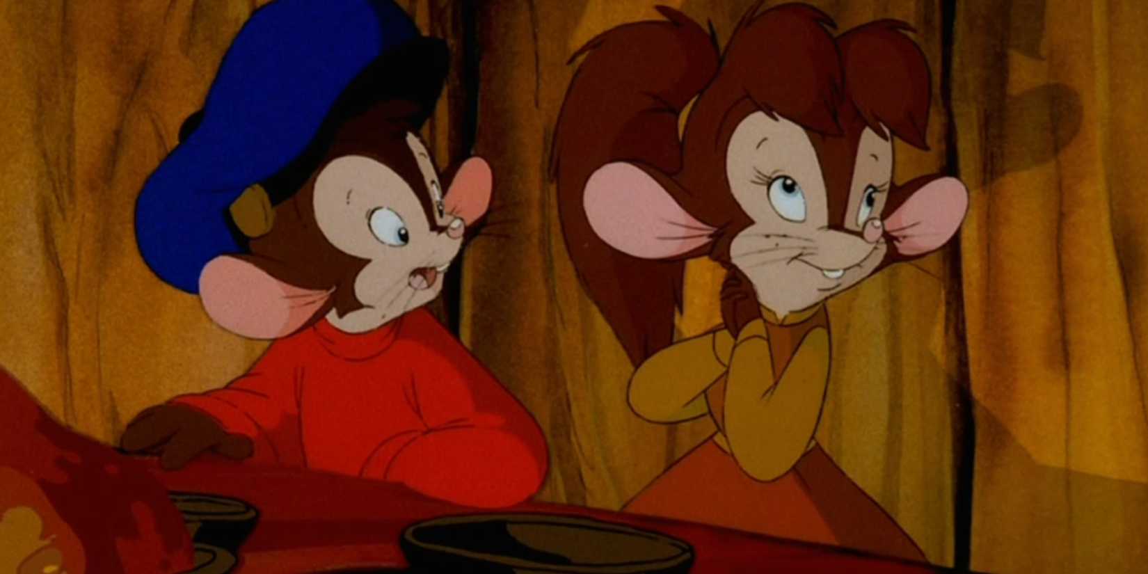 Fievel and his sister stand together in An American Tail Fievel Goes West