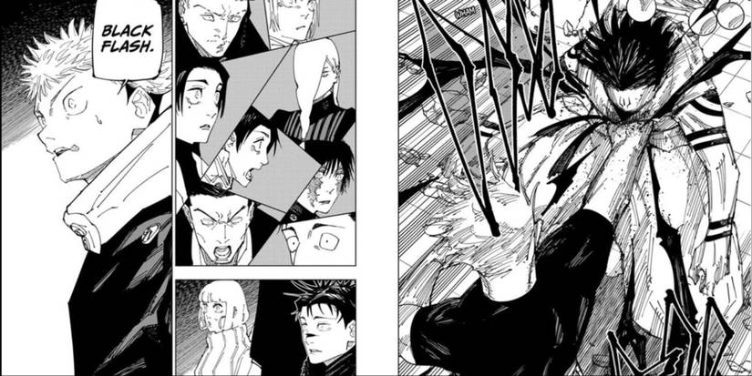 Gojo utilise un flash noir contre Sukuna dans Jujutsu Kaisen.