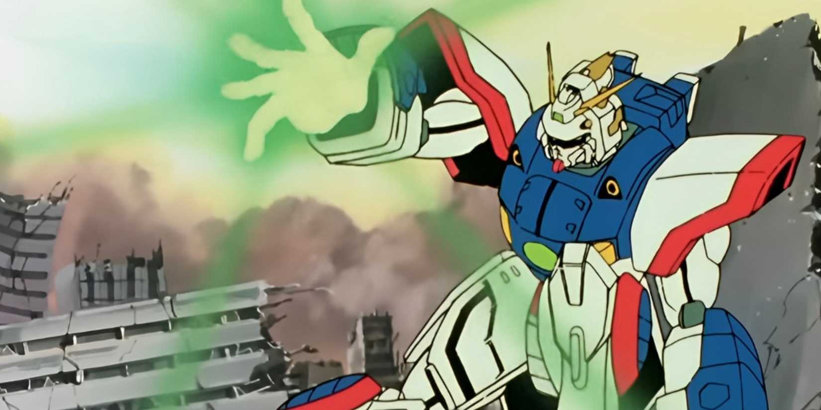 The Shining Gundam releases energy from its hand in Mobile Fighter G Gundam.