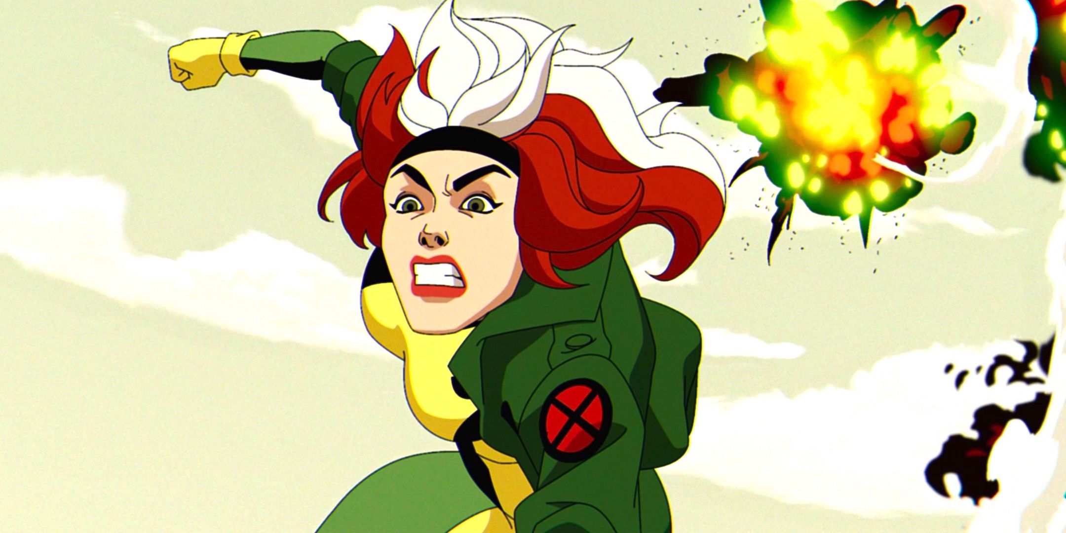 Vampira voa pelo ar, atacando o exército dos EUA em X-Men 97