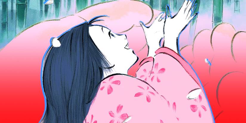 Kaguya is smiling and catching flower petals in The Tale of Princess Kaguya.