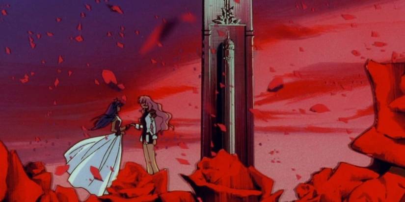 Utena and Anthy holding her hand in Anthy's pink in adolescence of Utena