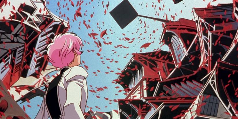 Utena looking up at a sky pull of petals in Adolescence of Utena.