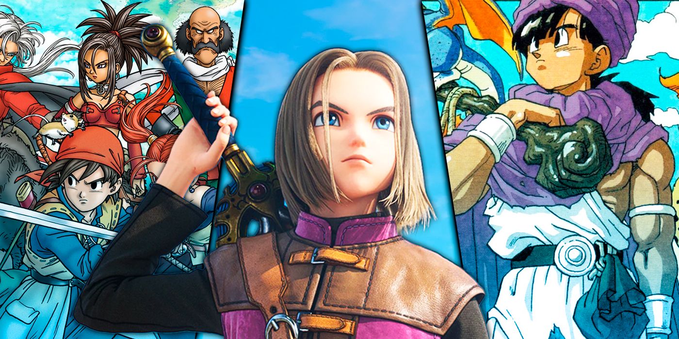 A split image featuring Dragon Quest XI, Dragon Quest V, and Dragon Quest VIII