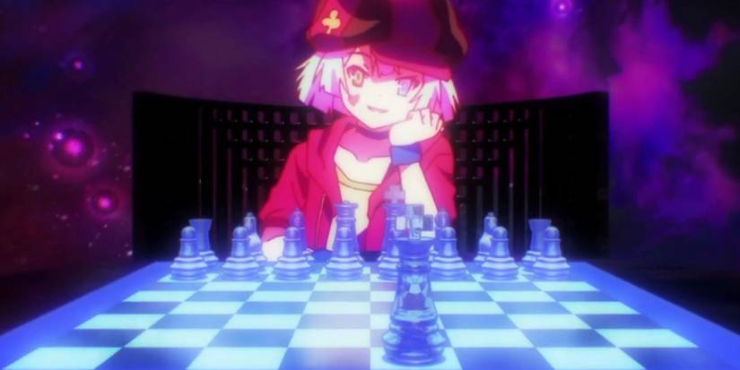 Tet from No Game No Life, holding one hand to his chin while looking amused and playing chess in No Game No Life