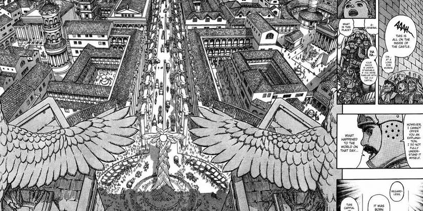 An aerial view shows Falconia, Griffith's city.