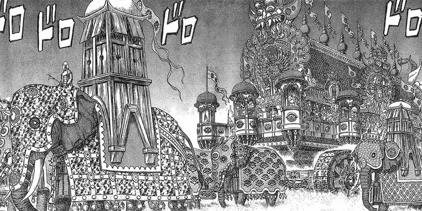 An army of Kushan marches with war elephants.