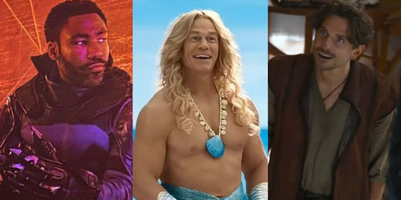 A split image of Donald Glover in Across the Spider-Verse, John Cena in Barbie, and Bradley Cooper in D&D: Honor Among Thieves