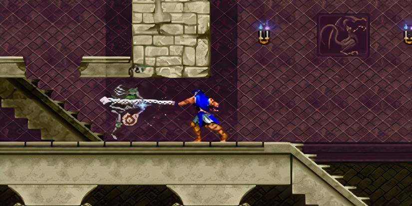 Richter Belmont attacks a skeleton in Castlevania: Rondo of the Night.