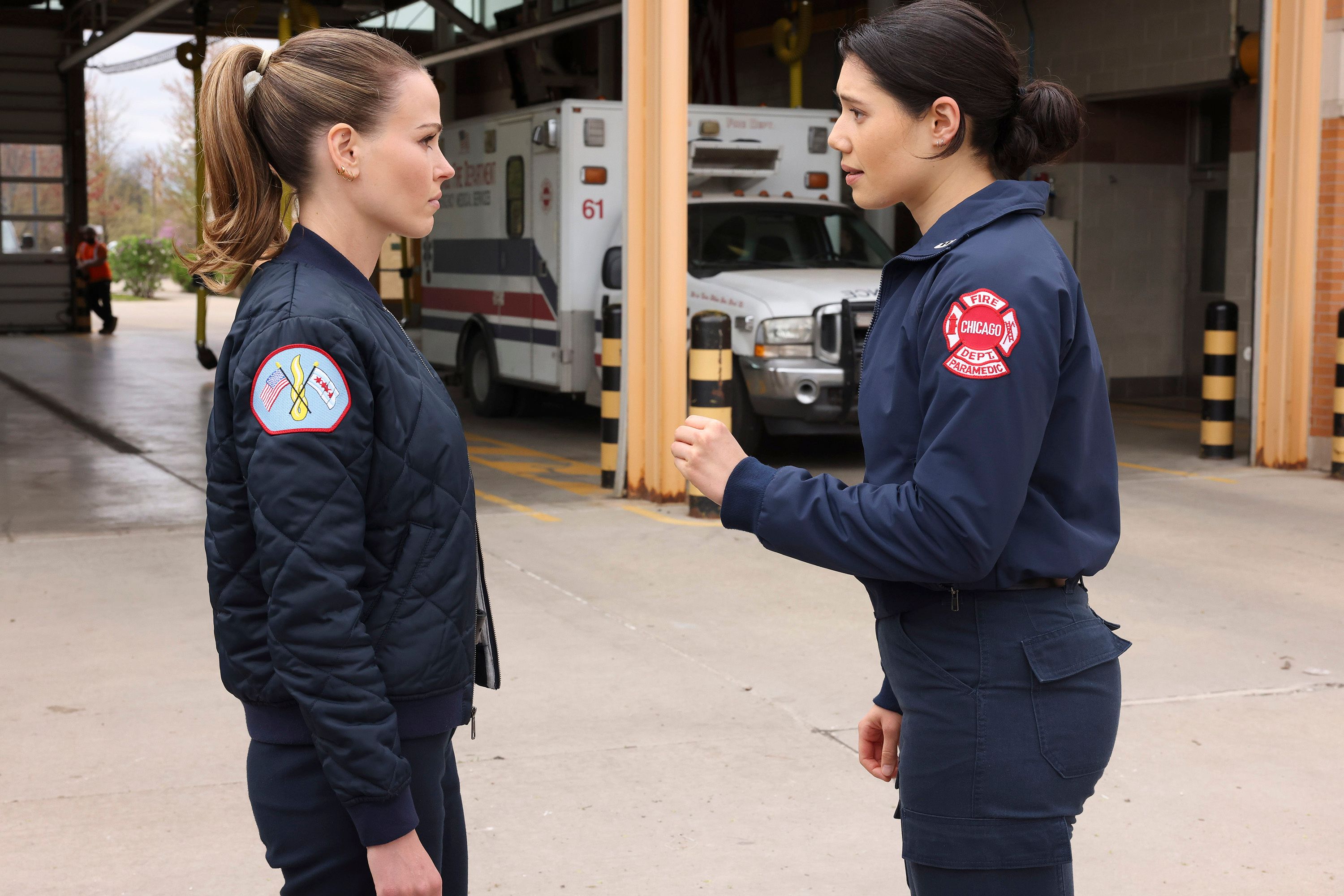 Violet (actor Hanako Greensmith) talks to Novak (Jocelyn Hudon) outside firehouse in Chicago Fire