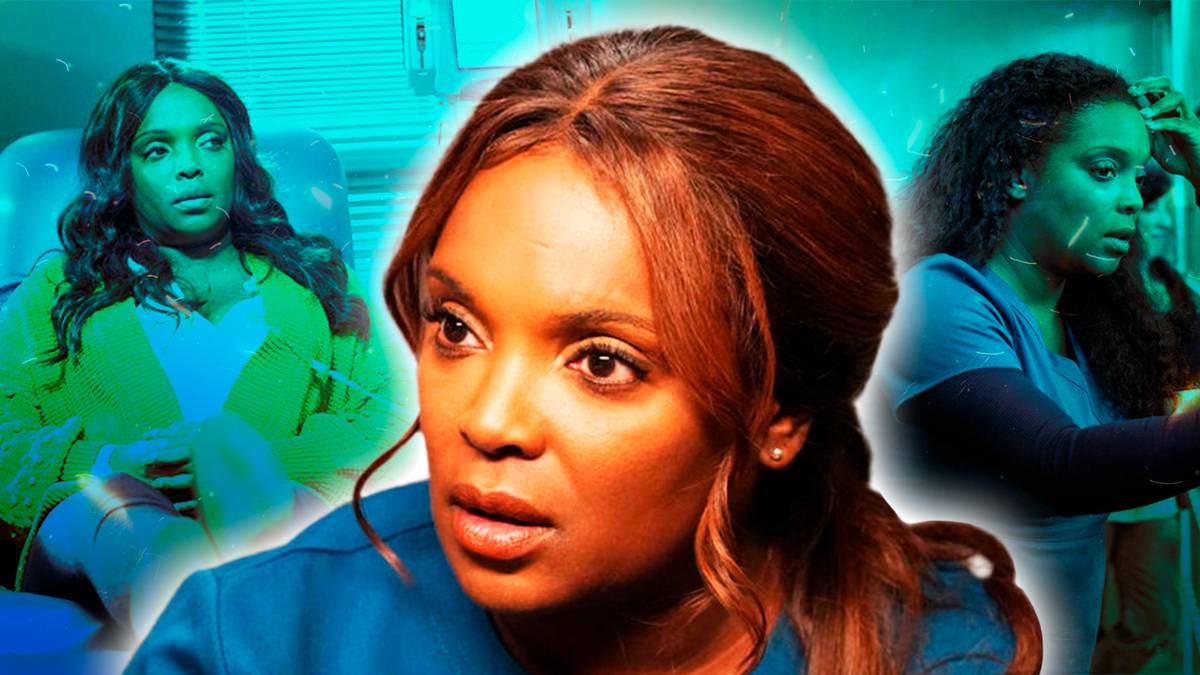 Chicago Med's Maggie Lockwood (actor Marlyne Barrett) in blue scrubs in front of other Maggie photos