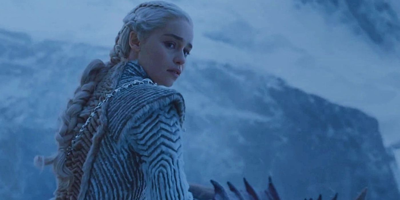 Daenerys Targaryen (Emilia Clarke) on top of a dragon beyond the Wall in Game of Thrones