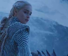 Daenerys Targaryen (Emilia Clarke) on top of a dragon beyond the Wall in Game of Thrones