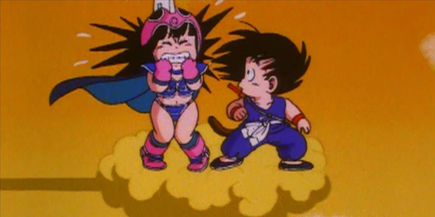Chi-Chi fica em pânico enquanto está no Nimbus Voador com Goku no Episódio 7 de Dragon Ball.