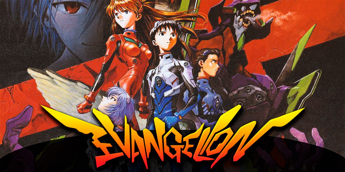 Neon Genesis Evangelion com Shinji, Asuka e Toji com o logo da franquia