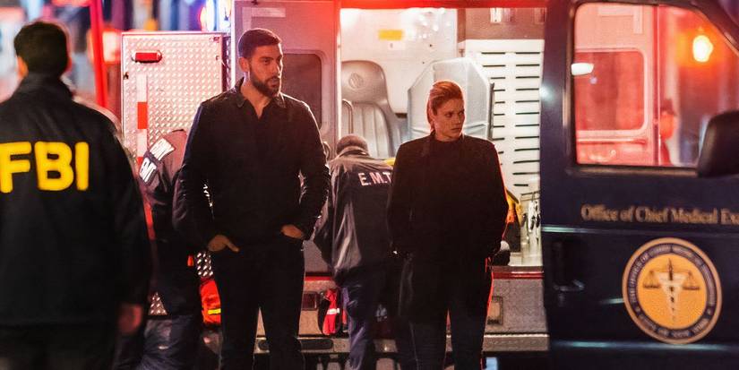 FBI Agents OA Zidan (Zeeko Zaki) and Maggie Bell (Missy Peregrym) at a crime scene in FBI episode "Fallout"