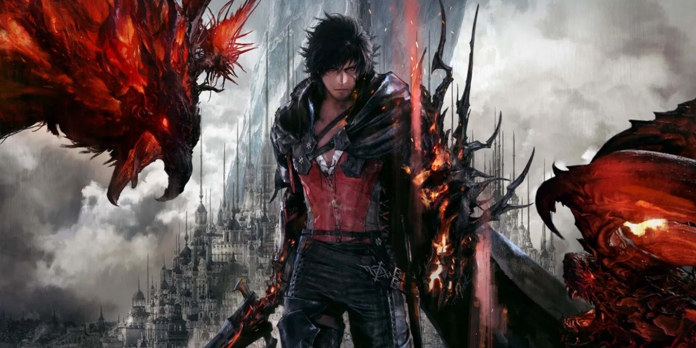 Final Fantasy XVI key art featuring Clive and Phoenix and Ifrit fighting in the background.