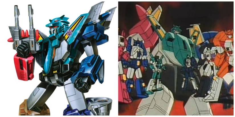 A split image of Liokaiser, with the left side showing him hold his cannon up, and the right side showing all the members of Liokaiser in Transformers Victory