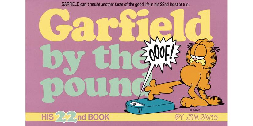 Garfield puts one toe on a scale on the cover of Garfield by the Pound