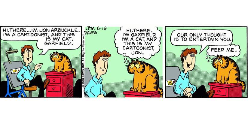 Garfield introduces himself and his cartoonist in the comic strip.